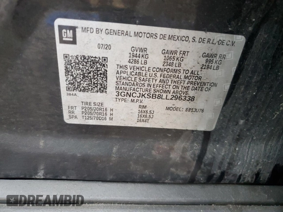 2020 Chevrolet Trax LS z VIN 3GNCJKSB8LL296338, wystawiony jako Copart lot #59176485 z przebiegiem 75 065 mil mil oraz Szkoda całkowita • Salvage title. Historia ofert i sprzedaży dostępna na DreamBid. Obrazek 13.