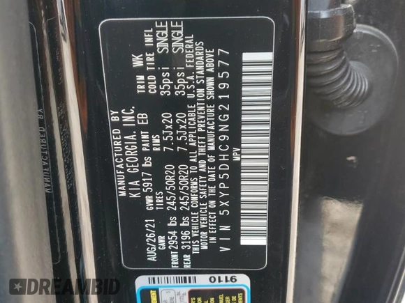 2022 Kia Telluride SX with VIN 5XYP5DHC9NG219577, listed as a Copart auction lot 50753995 with 53,699 mi miles and Salvage Title. Bid and sale history available at DreamBid. Image 13.