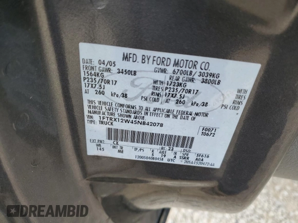 2005 Ford F-150 STX with VIN 1FTRX12W45NB42078, listed as a Copart auction lot 48613525 with 215,237 mi miles and Salvage Title. Bid and sale history available at carsss.com. Image 14.