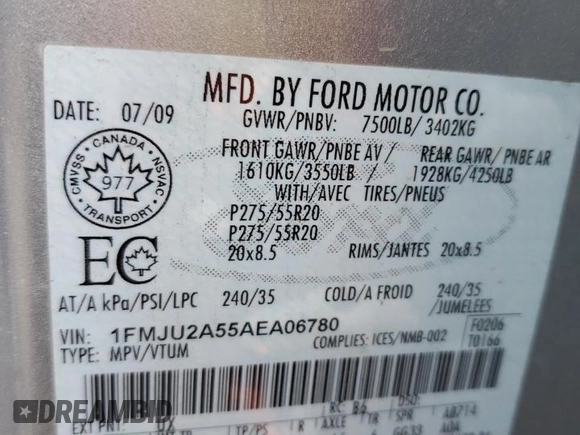 2010 Ford Expedition Limited with VIN 1FMJU2A55AEA06780, listed as a Copart auction lot 72760664 with 154,868 mi miles and Salvage title. Bid and sale history available at DreamBid. Image 13.
