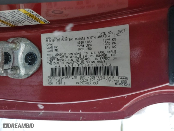 2008 Mitsubishi Eclipse GS with VIN 4A3AK64F58E032633, listed as a Copart auction lot 82773624 with 0 mi miles and Salvage Title. Bid and sale history available at carsss.com. Image 14.