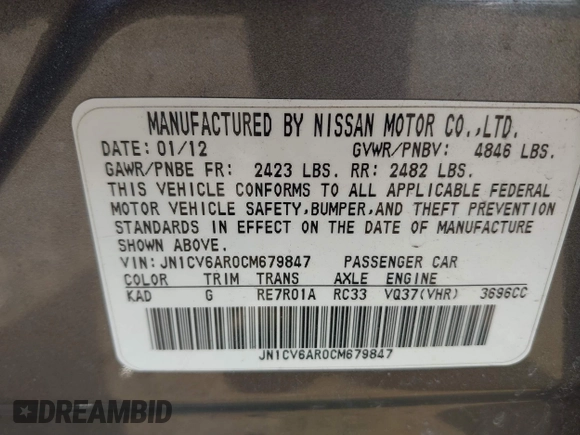 2012 Infiniti G37 x with VIN JN1CV6AR0CM679847, listed as a IAAI auction lot 42023812 with 268,782 mi miles and . Bid and sale history available at DreamBid. Image 9.