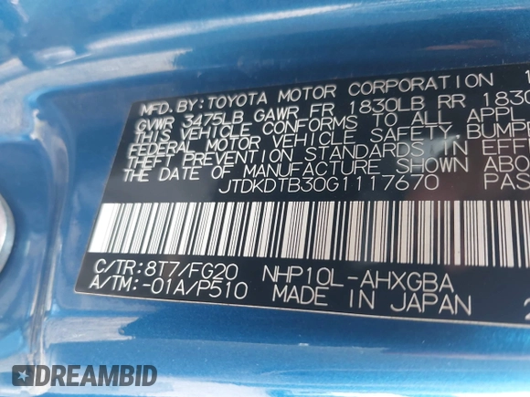 2016 Toyota Prius One z VIN JTDKDTB30G1117670, wystawiony jako IAAI lot #42115566 z przebiegiem 177 011 mil mil oraz . Historia ofert i sprzedaży dostępna na DreamBid. Obrazek 9.