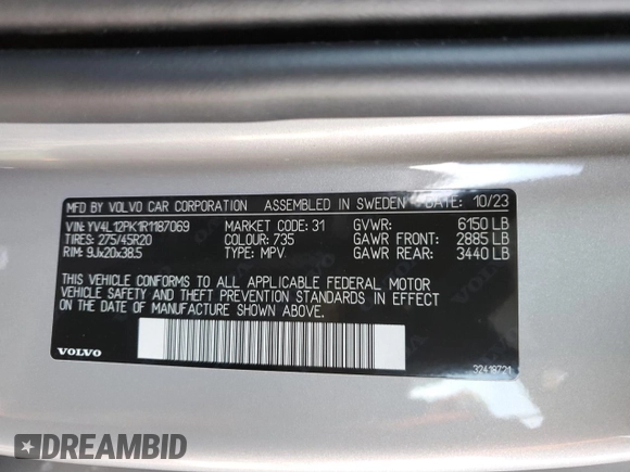2024 Volvo XC90 Core Bright Theme with VIN YV4L12PK1R1187069, listed as a Copart auction lot 41672625 with 15,438 mi miles and Salvage Title. Bid and sale history available at carsss.com. Image 15.