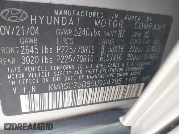 2005 Hyundai Santa Fe GLS with VIN KM8SC73D85U924785, listed as a IAAI auction lot 41964578 with 172,898 mi miles. Bid and sale history available at carsss.com. Image 9.