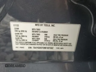 2022 Tesla Model Y Performance с VIN 7SAYGDEF0NF497582, выставлен на аукционе Copart как лот 65131685 с пробегом 50 948 миль миль и Чистый • Clean title. История ставок и продаж доступна на DreamBid. Изображение 13.