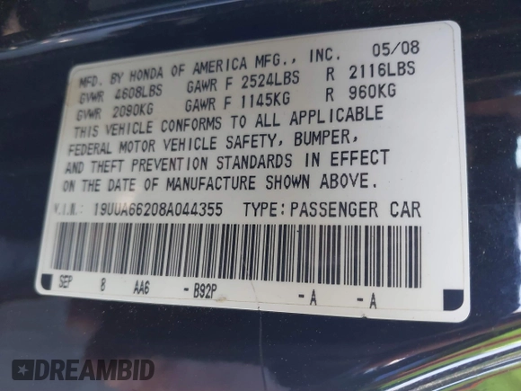2008 Acura TL with VIN 19UUA66208A044355, listed as a IAAI auction lot 41377578 with 197,863 mi miles. Bid and sale history available at carsss.com. Image 9.