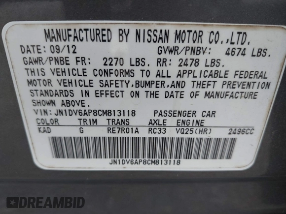 2012 Infiniti G25 Journey with VIN JN1DV6AP8CM813118, listed as a IAAI auction lot 42124025 with 152,578 mi miles and . Bid and sale history available at DreamBid. Image 9.