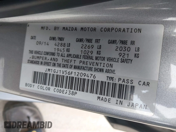 2015 Mazda 6 i Touring with VIN JM1GJ1V56F1209476, listed as a IAAI auction lot 41644215 with 112,255 mi miles. Bid and sale history available at carsss.com. Image 9.