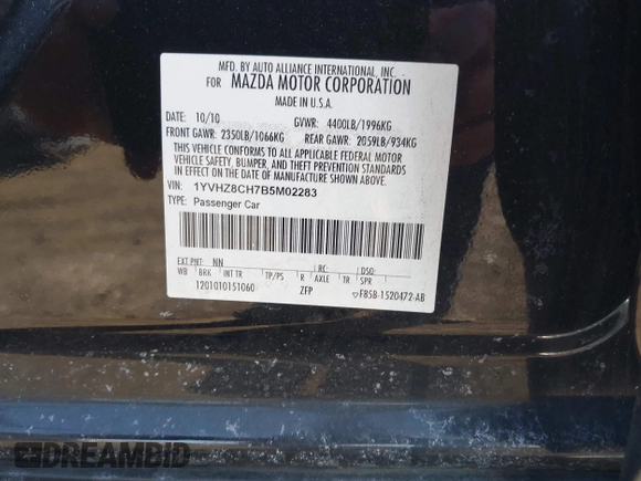 2011 Mazda 6 i Touring с VIN 1YVHZ8CH7B5M02283, выставлен на аукционе IAAI как лот 41769137 с пробегом 157 972 миль миль и . История ставок и продаж доступна на DreamBid. Изображение 9.