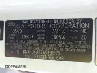 2010 Kia Forte EX with VIN KNAFU4A27A5310573, listed as a IAAI auction lot 41398134 with 167,264 mi miles. Bid and sale history available at carsss.com. Image 9.