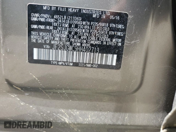 2017 Subaru Forester Touring with VIN JF2SJGWC9HH402713, listed as a Copart auction lot 62257345 with 128,903 mi miles and Salvage title. Bid and sale history available at DreamBid. Image 12.