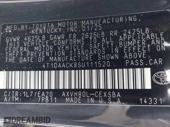 2025 Toyota Camry LE z VIN 4T1DAACK8SU111520, wystawiony jako IAAI lot #42045956 z przebiegiem 5 519 mil mil oraz . Historia ofert i sprzedaży dostępna na DreamBid. Obrazek 9.