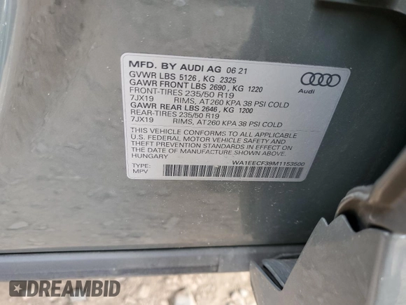 2021 Audi Q3 S line Premium Plus with VIN WA1EECF39M1153500, listed as a Copart auction lot 47378933 with 26,143 mi miles and . Bid and sale history available at DreamBid. Image 13.