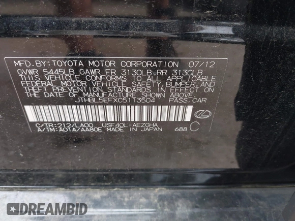 2012 Lexus LS 460 с VIN JTHBL5EFXC5113504, выставлен на аукционе IAAI как лот 42558663 с пробегом 269 947 миль миль и . История ставок и продаж доступна на DreamBid. Изображение 9.