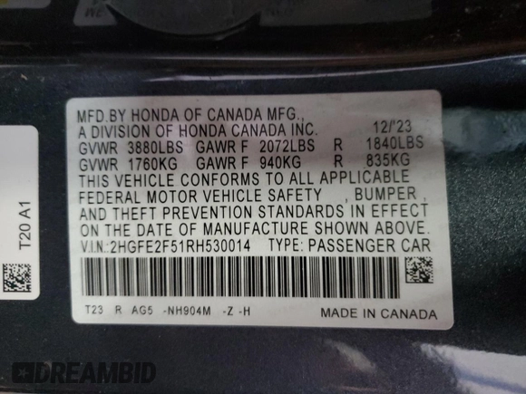 2024 Honda Civic Sedan Sport with VIN 2HGFE2F51RH530014, listed as a Copart auction lot 48580255 with 11,302 mi miles and Salvage Title. Bid and sale history available at carsss.com. Image 13.