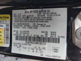 2019 Ford Fusion SEL with VIN 3FA6P0CD5KR182520, listed as a IAAI auction lot 42014190 with 107,028 mi miles and . Bid and sale history available at carsss.com. Image 9.