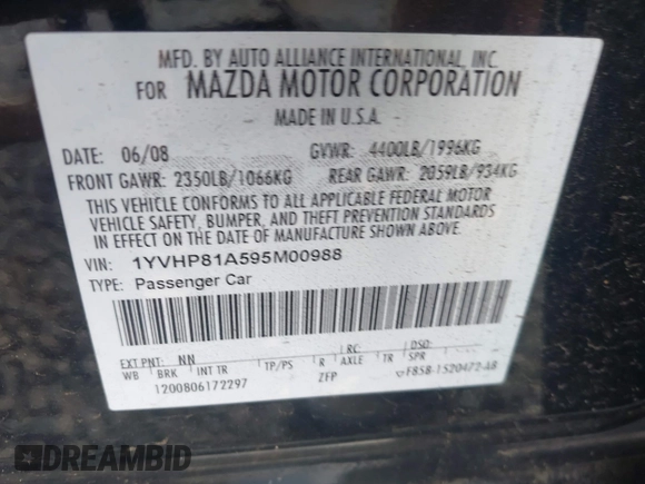 2009 Mazda 6 i Sport with VIN 1YVHP81A595M00988, listed as a IAAI auction lot 42622271 with 151,652 mi miles and . Bid and sale history available at DreamBid. Image 9.