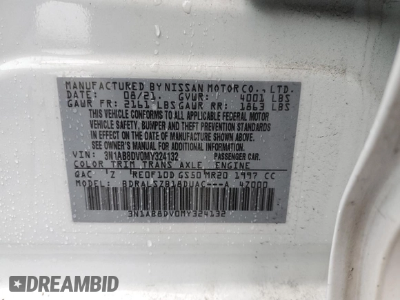 2021 Nissan Sentra SR z VIN 3N1AB8DV0MY324132, wystawiony jako Copart lot #56547225 z przebiegiem 48 291 mil mil oraz Szkoda całkowita • Salvage title. Historia ofert i sprzedaży dostępna na DreamBid. Obrazek 12.