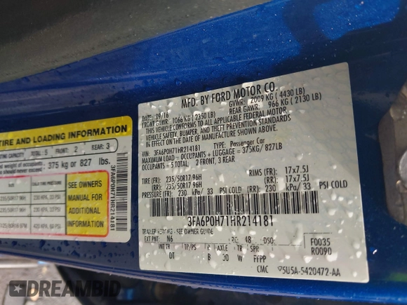 2017 Ford Fusion SE with VIN 3FA6P0H71HR214181, listed as a IAAI auction lot 42469164 with 125,077 mi miles and . Bid and sale history available at DreamBid. Image 9.