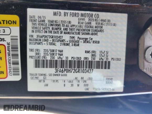 2016 Ford Fusion SE with VIN 3FA6P0H72GR103427, listed as a Copart auction lot 59833915 with 189,412 mi miles and Clean title. Bid and sale history available at DreamBid. Image 12.