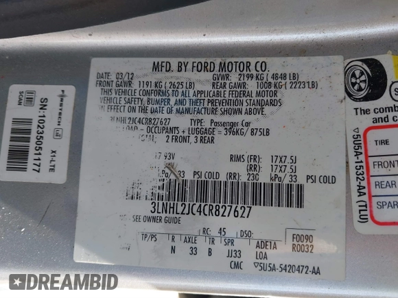 2012 Lincoln MKZ with VIN 3LNHL2JC4CR827627, listed as a IAAI auction lot 41798986 with 134,442 mi miles and . Bid and sale history available at DreamBid. Image 9.