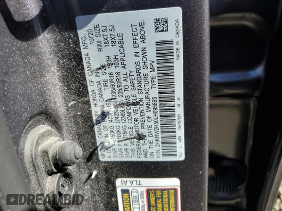 2020 Honda CR-V EX with VIN 2HKRW2H50LH695895, listed as a Copart auction lot 75026474 with 0 mi miles and Salvage Title. Bid and sale history available at carsss.com. Image 14.