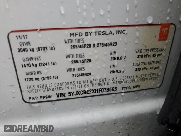2017 Tesla Model X 90D z VIN 5YJXCBE2XHF078598, wystawiony jako Copart lot #46751395 z przebiegiem 58 115 mil mil oraz Szkody całkowita. Historia ofert i sprzedaży dostępna na DreamBid. Obrazek 15.