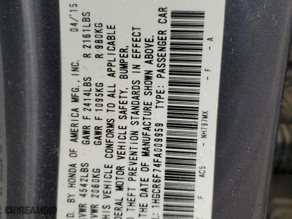 2015 Honda Accord Hybrid Touring with VIN 1HGCR6F74FA009959, listed as a Copart auction lot 49741645 with 105,646 mi miles and Salvage Title. Bid and sale history available at carsss.com. Image 12.