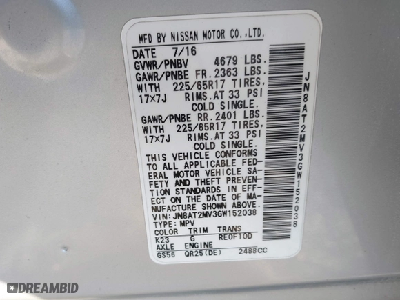 2016 Nissan Rogue S with VIN JN8AT2MV3GW152038, listed as a IAAI auction lot 41417737 with 196,409 mi miles. Bid and sale history available at carsss.com. Image 9.