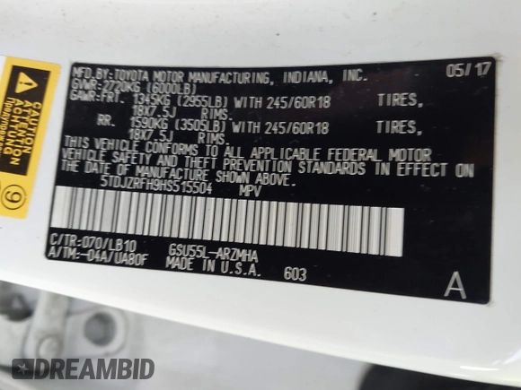 2017 Toyota Highlander XLE with VIN 5TDJZRFH9HS515504, listed as a IAAI auction lot 42209542 with 145,472 mi miles and . Bid and sale history available at DreamBid. Image 9.