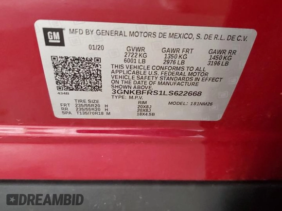 2020 Chevrolet Blazer Premier with VIN 3GNKBFRS1LS622668, listed as a Copart auction lot 49954355 with Not provided miles and Salvage title. Bid and sale history available at DreamBid. Image 12.
