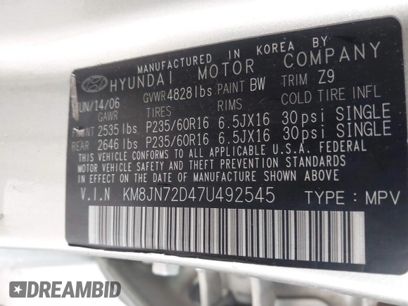 2007 Hyundai Tucson SE with VIN KM8JN72D47U492545, listed as a IAAI auction lot 41727816 with 203,065 mi miles and . Bid and sale history available at DreamBid. Image 9.