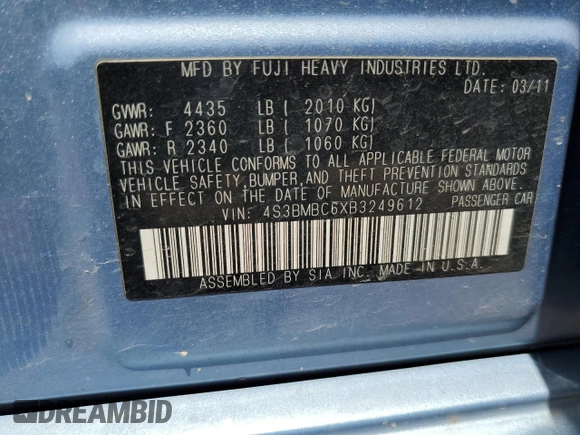 2011 Subaru Legacy Premium with VIN 4S3BMBC6XB3249612, listed as a Copart auction lot 62955025 with 128,039 mi miles and Salvage title. Bid and sale history available at DreamBid. Image 12.