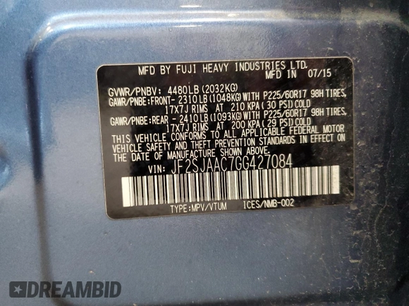 2016 Subaru Forester 2.5i with VIN JF2SJAAC7GG427084, listed as a Copart auction lot 61844725 with 138,422 mi miles and Salvage title. Bid and sale history available at DreamBid. Image 13.