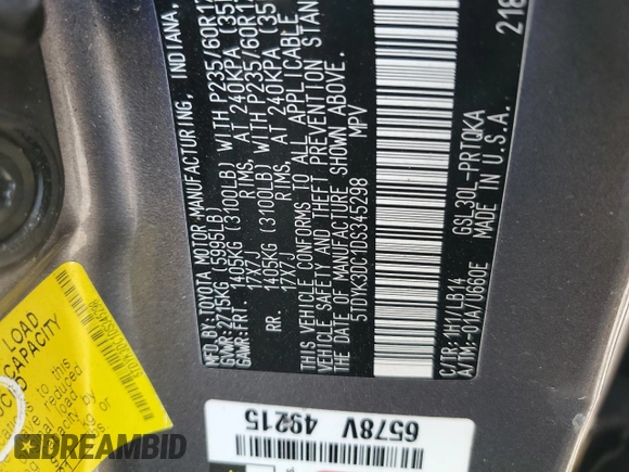 2013 Toyota Sienna XLE AAS with VIN 5TDYK3DC1DS345298, listed as a Copart auction lot 58750235 with Not provided miles and Salvage title. Bid and sale history available at DreamBid. Image 14.