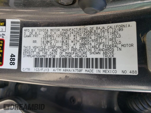 2010 Toyota Tacoma with VIN 3TMMU4FN9AM017720, listed as a Copart auction lot 62649644 with 264,614 mi miles and Salvage Title. Bid and sale history available at carsss.com. Image 12.