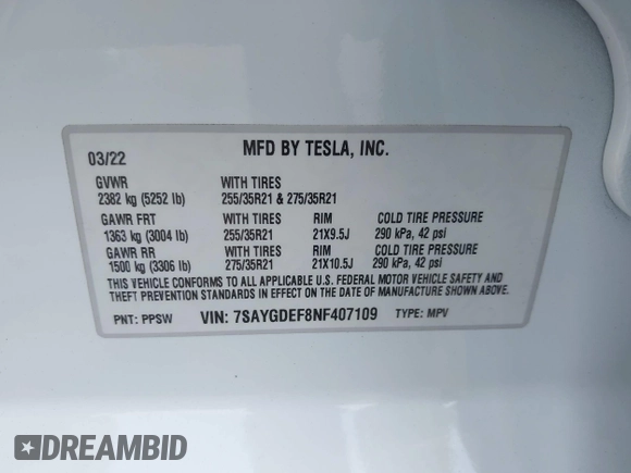 2022 Tesla Model Y Performance with VIN 7SAYGDEF8NF407109, listed as a IAAI auction lot 42014282 with 24,937 mi miles and . Bid and sale history available at DreamBid. Image 9.