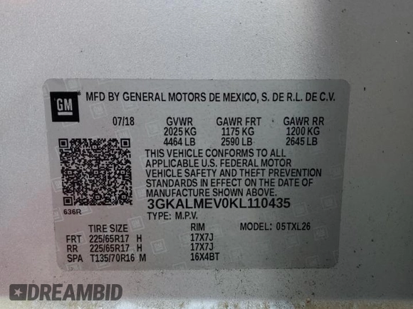 2019 GMC Terrain SLE with VIN 3GKALMEV0KL110435, listed as a Copart auction lot 52237785 with 100,185 mi miles and Non Repairable. Bid and sale history available at DreamBid. Image 12.