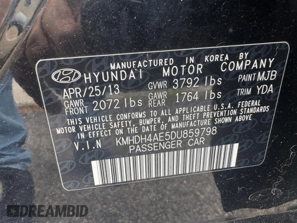 2013 Hyundai Elantra GLS z VIN KMHDH4AE5DU859798, wystawiony jako Copart lot #61402705 z przebiegiem 195 664 mil mil oraz Czysty tytuł • Clean title. Historia ofert i sprzedaży dostępna na DreamBid. Obrazek 10.