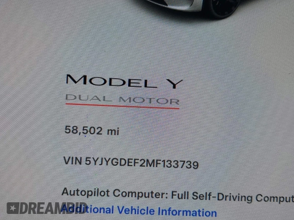 2021 Tesla Model Y Performance z VIN 5YJYGDEF2MF133739, wystawiony jako IAAI lot #41226429 z przebiegiem 58 502 mil mil oraz . Historia ofert i sprzedaży dostępna na DreamBid. Obrazek 15.