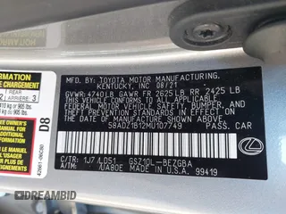 2021 Lexus ES with VIN 58ADZ1B12MU107749, listed as a IAAI auction lot 41543415 with 48,134 mi miles. Bid and sale history available at carsss.com. Image 9.
