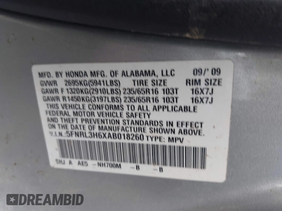 2010 Honda Odyssey EX-L с VIN 5FNRL3H6XAB018260, выставлен на аукционе IAAI как лот 42153009 с пробегом 187 420 миль миль и . История ставок и продаж доступна на DreamBid. Изображение 9.