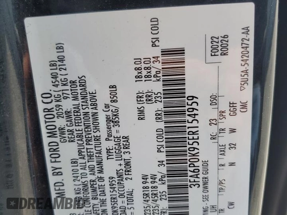 2014 Ford Fusion Titanium with VIN 3FA6P0K95ER154959, listed as a Copart auction lot 52194285 with 128,649 mi miles and Salvage Title. Bid and sale history available at carsss.com. Image 15.