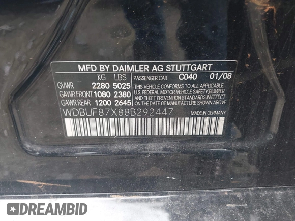 2008 Mercedes-Benz E 350 Luxury with VIN WDBUF87X88B292447, listed as a IAAI auction lot 41754352 with 161,935 mi miles and . Bid and sale history available at carsss.com. Image 9.
