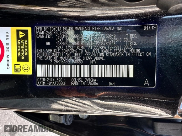 2012 Lexus RX 350 with VIN 2T2BK1BA5CC140680, listed as a Copart auction lot 63165185 with 120,860 mi miles and Clean title. Bid and sale history available at DreamBid. Image 10.
