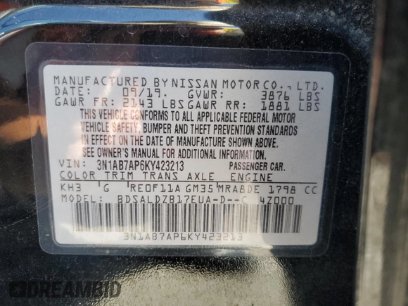 2019 Nissan Sentra S with VIN 3N1AB7AP6KY423213, listed as a Copart auction lot 63322525 with 25,232 mi miles and Clean title. Bid and sale history available at DreamBid. Image 12.