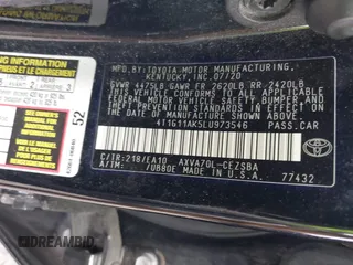 2020 Toyota Camry SE z VIN 4T1G11AK5LU973546, wystawiony jako IAAI lot #41956098 z przebiegiem 62 978 mil mil oraz . Historia ofert i sprzedaży dostępna na DreamBid. Obrazek 9.
