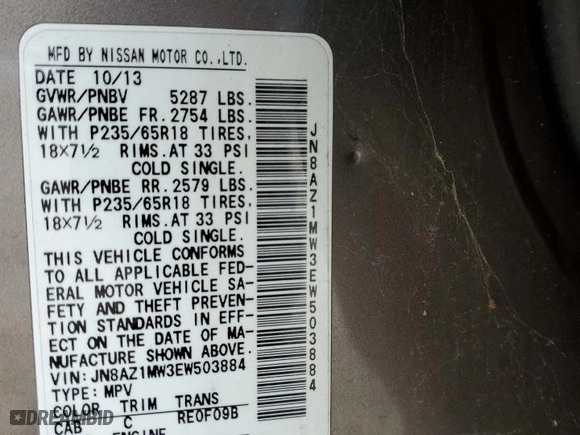 2014 Nissan Murano SV with VIN JN8AZ1MW3EW503884, listed as a Copart auction lot 45920555 with 125,901 mi miles and Clean Title. Bid and sale history available at carsss.com. Image 13.