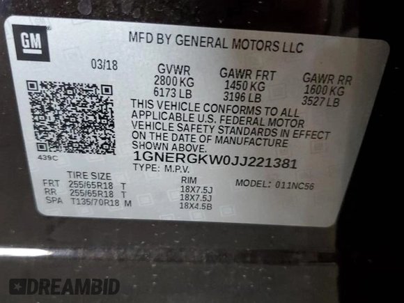 2018 Chevrolet Traverse LT Cloth with VIN 1GNERGKW0JJ221381, listed as a Copart auction lot 69611654 with 116,127 mi miles and Salvage Title. Bid and sale history available at carsss.com. Image 13.